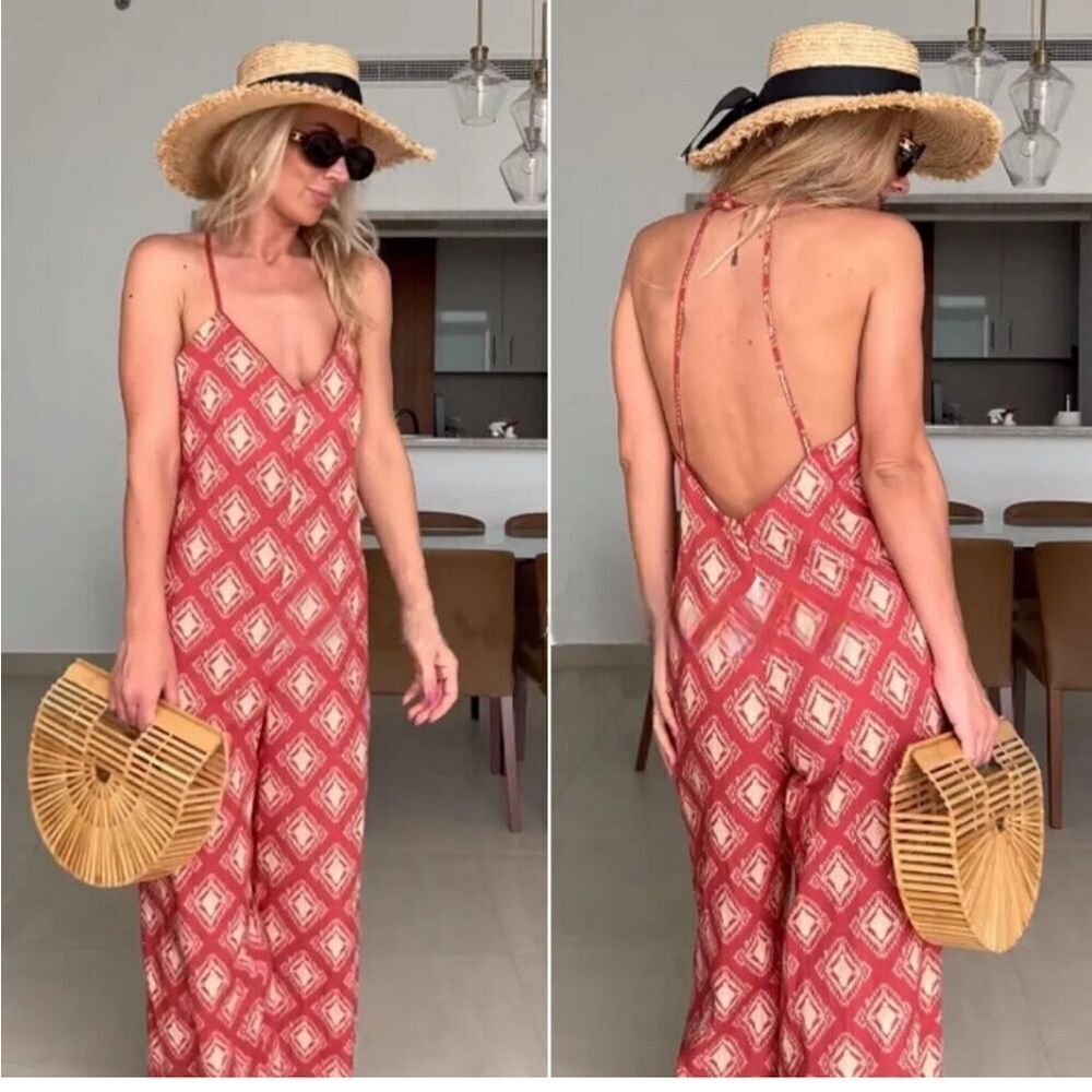 ZARA Women's Jami Jumpsuit Size
small Terracotta Print Open Back Wide leg